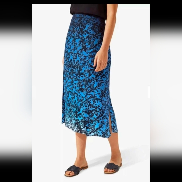 Jigsaw Blue And Black Floral Ombre Skirt Side Slits Midi Lined Size 2 - Picture 6 of 10